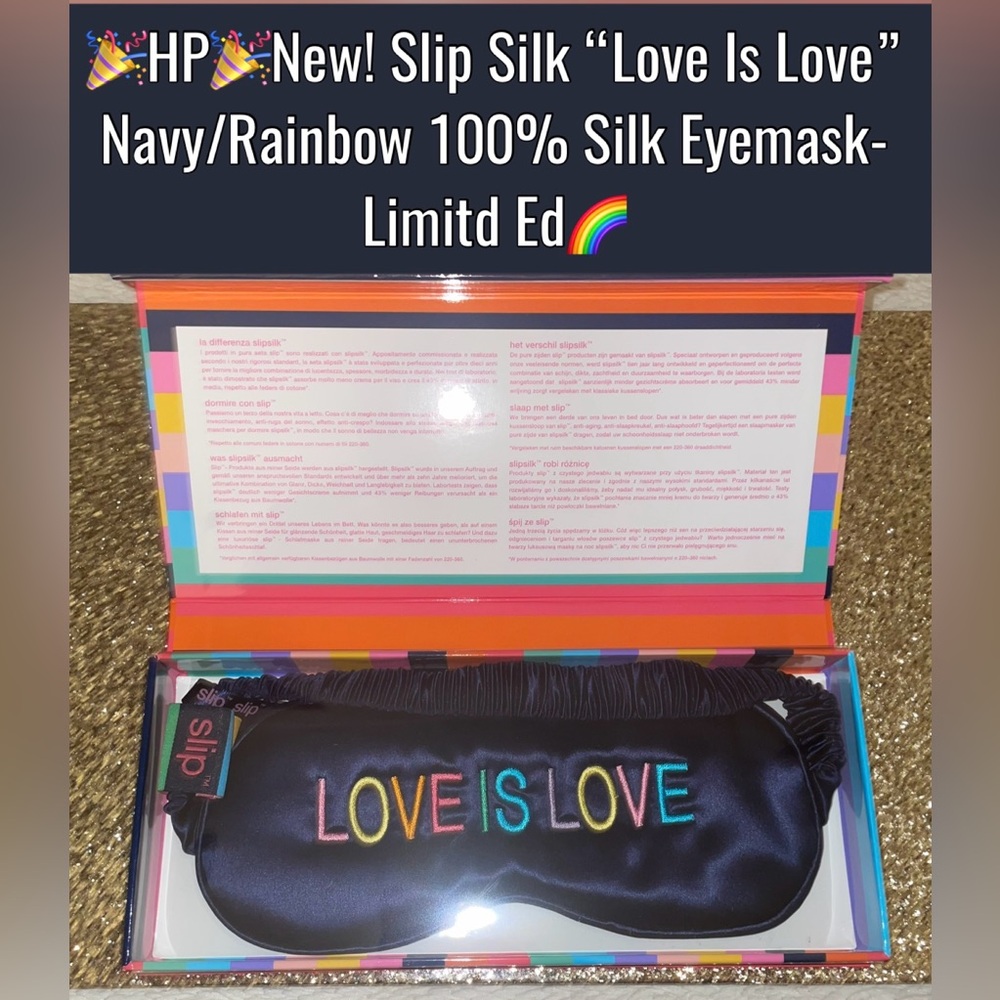 🎉HP🎉New! Slip Silk “Love Is Love” Navy/Rainbow 100% Silk Eyemask-Limitd Ed🌈